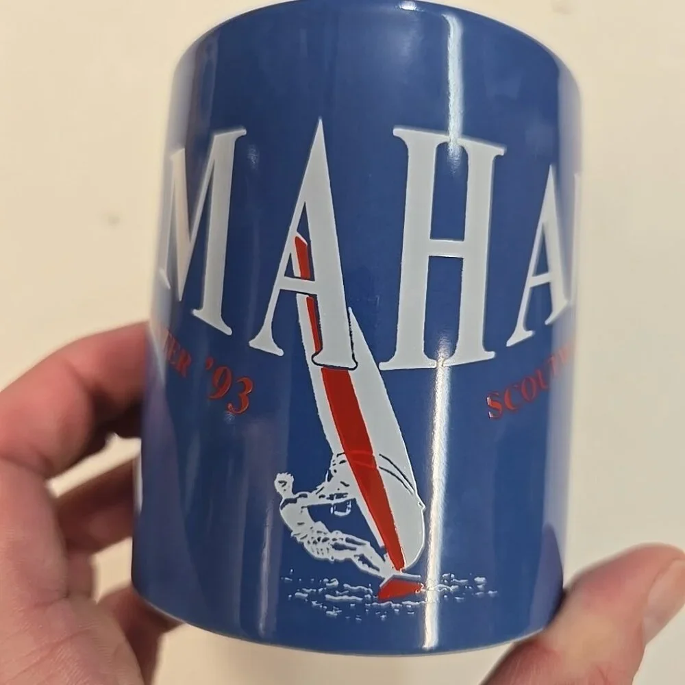 Vintage Boy Scout Mug Tomahawk Scout Master 1993 '93 Camp Blue Wrap Around BSA